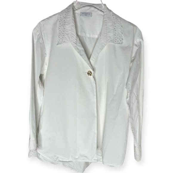 Sandro Paris Button Up Shirt with Broderie Anglaise Collar Sz 0 - Picture 1 of 11